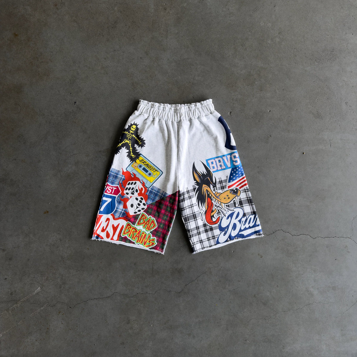 GREY PATCHWORK BAGGY SWEATSHORTS