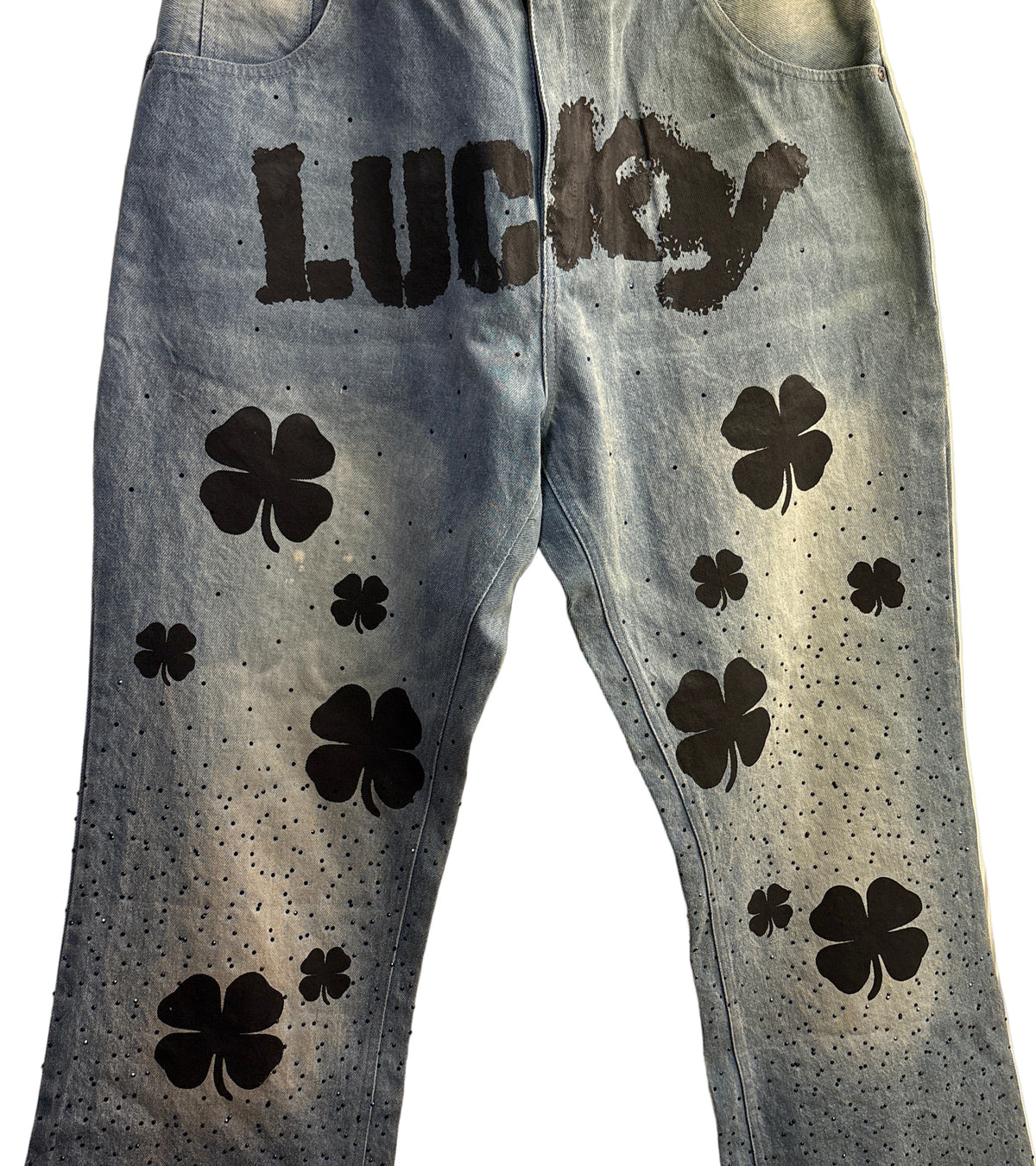 LuckyGarmentss - Blue Washed Clover Jeweled Jeans