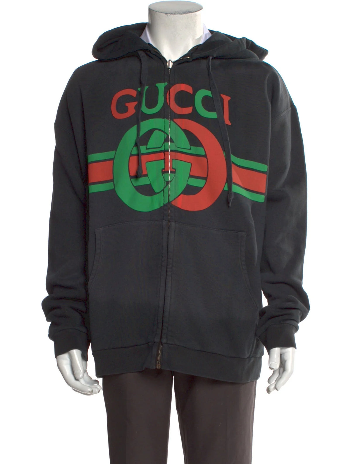 Gucci Black Interlocking Horsebit Reversible Hoodie Zip-Up