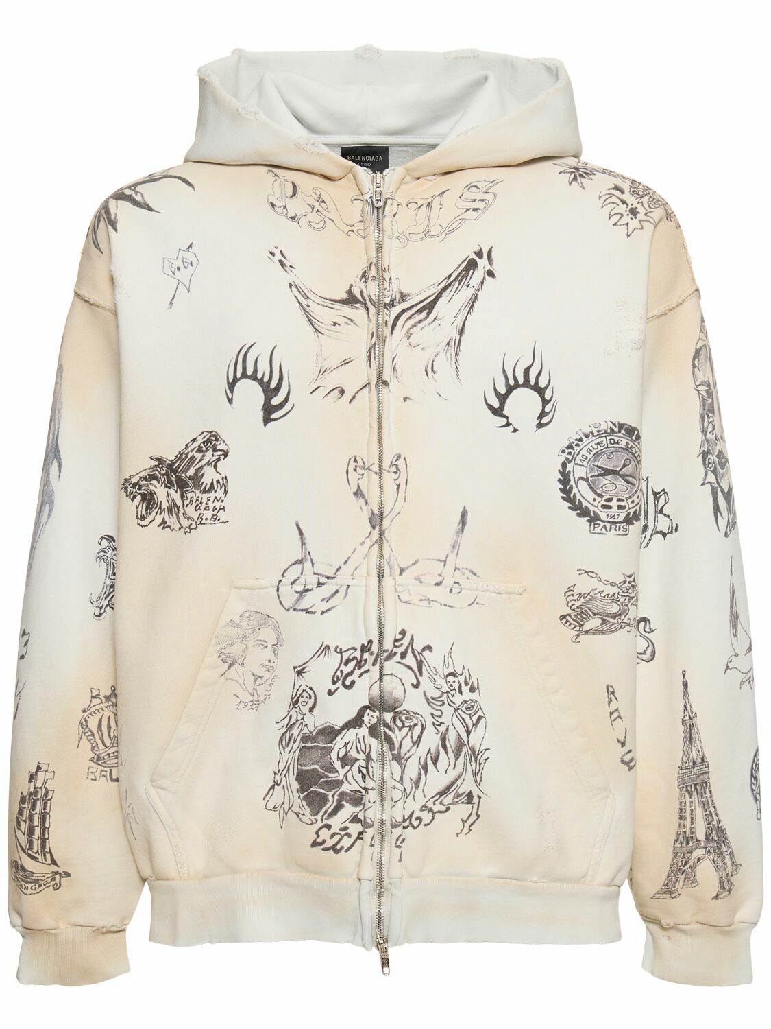 Balenciaga Tat Zip-Up Hoodie - Off White Black