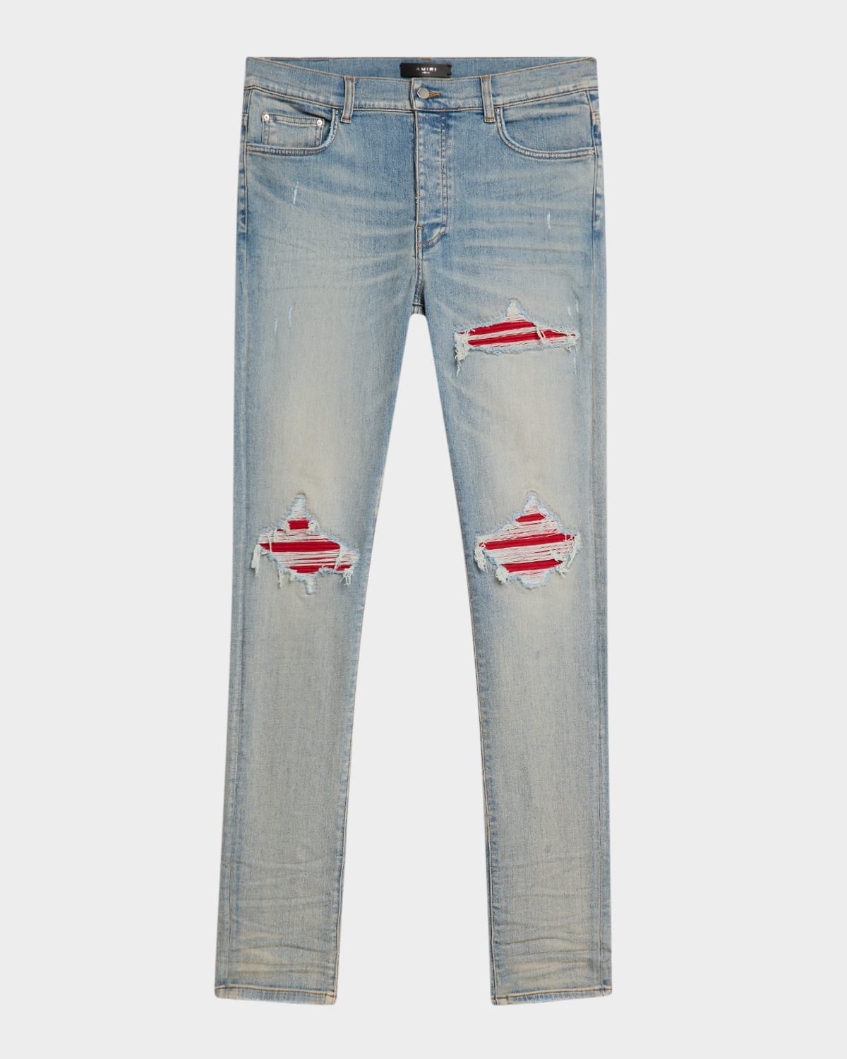 Amiri Mx1 Slim Fit Jeans With Distressed Red Accents In Blue